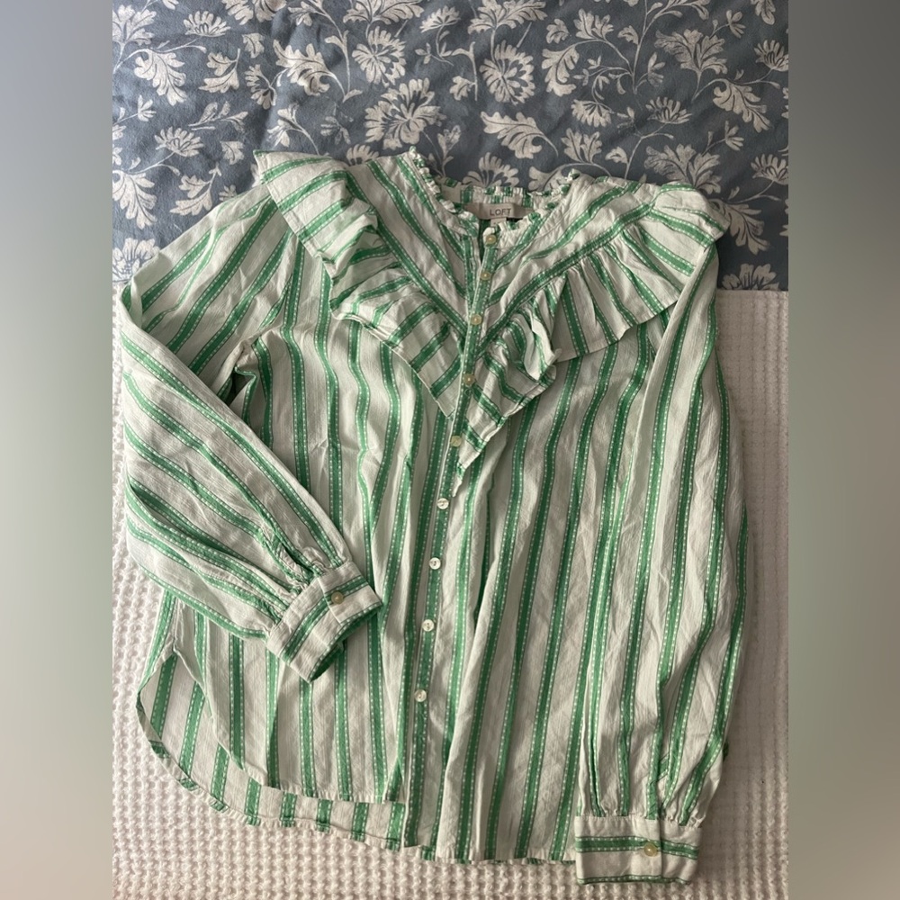 Green and White Button Up Shirt Blouse w Ruffles